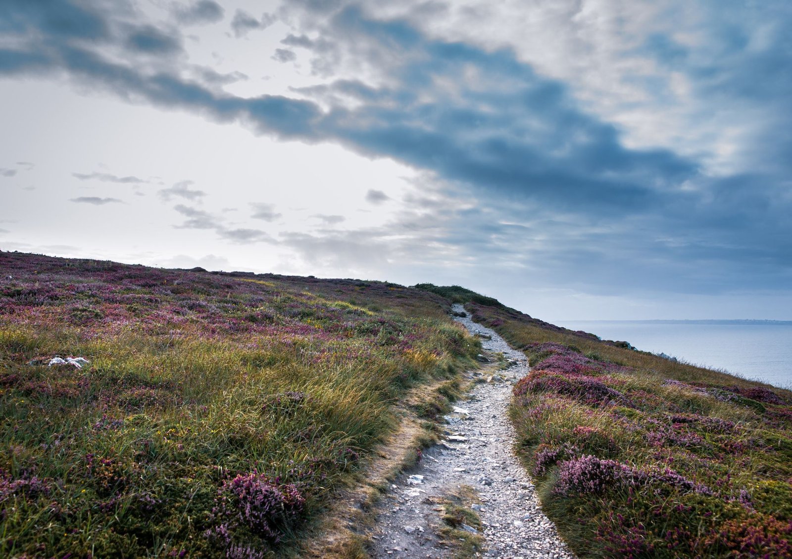 Image shows a long and winding path in the countryside with blue sky above